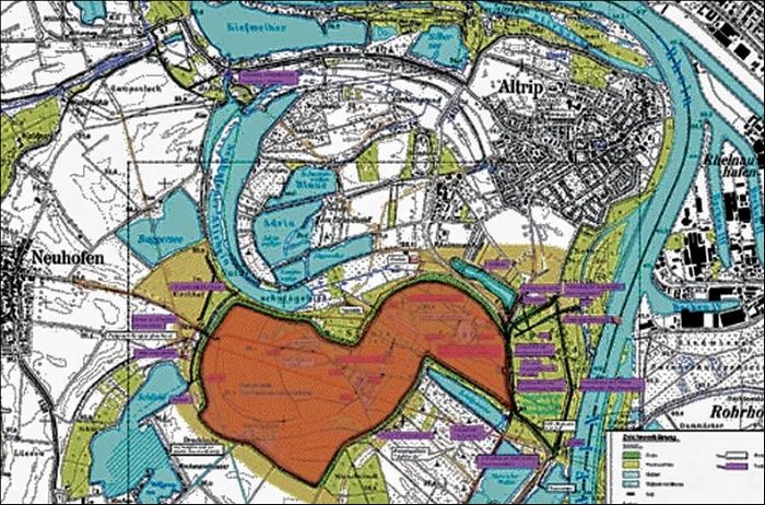 Die in der Grafik rot markierte Fläche macht deutlich, wie groß das für die Hochwasserrückhaltung vorgesehene Gelände ist. © BIHN